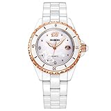 DLT Frauen weiß Keramik Link Armband Quarz-Armbanduhr Kristall Armreif, Luxus Frauen Uhren, Umschlagverschluss, Freund Geschenk (Farbe : Gold CASE)