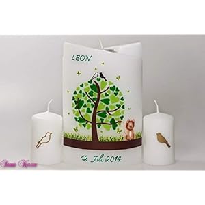 Taufkerze Herzbaum mit Tiere doppelt oval abg. + 2 Gästekerzen