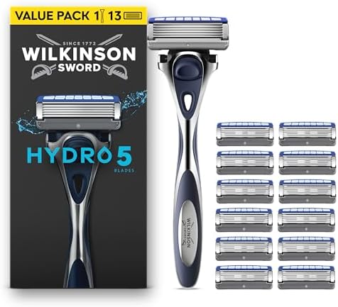 Wilkinson Sword Hydro 5, rasoio da uomo, formato convenienza, azione idratante e lame rivestite in carbonio, set manico + 13 ricariche