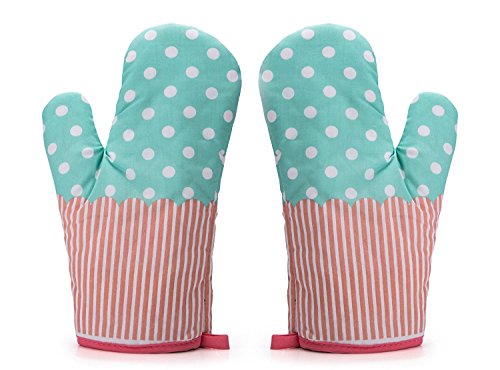 1 Paar Hitzebeständig Ofenhandschuhe Verdickte Hitzeresistente Topflappen Backhandschuhe aus Baumwolle und Polyester (3#) – Gepunktet Türkis - 7