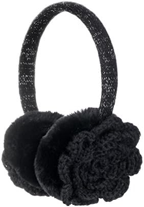 Hey Song Women Girls Winter Warm Crocheted Knitted Flower Faux Fur Plush Earmuffs Adjustable (Flower Black)