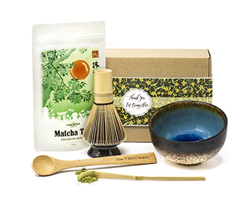 Vireo Bloom Té Verde Matcha Orgánico Japonés En Polvo - Para Beber, Cocina, Latte - Té Matcha Biológico Japonés - Té Bio Grado Premium - Además de Batidor de Cambú Y Dos Cucharas de Bambú