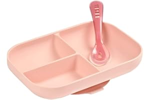 BÉABA, Set Repas Bébé, Avec Ventouse, Anti dérapant, Assiette Silicone Compartimentée + Cuillère, Sain et Durable, Compatible lave-vaisselle, Micro-onde, Congélateur, Facile d'entretien, Rose