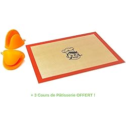 Tapis de Cuisson Pro Haut de Gamme en Silicone Platine Anti Adhésif Garantie 2 ans| 100% Sans BPA-APFO-Téflon| Ustensile pour Pâtisserie Boulangerie| 2 Maniques+Fiche+3 Cours |
