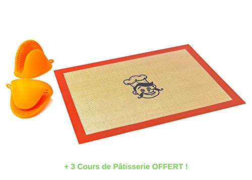 Tapis de Cuisson Pro Haut de Gamme en Silicone Platine Anti Adhésif Garantie 2 ans| 100% Sans BPA-APFO-Téflon| Ustensile pour Pâtisserie Boulangerie| 2 Maniques+Fiche+3 Cours |