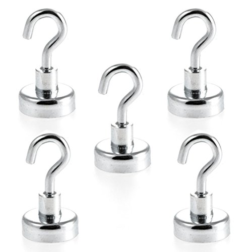 Magnetastico® | 5 Stück Neodym N35 Hakenmagnete 20 mm Ø | Haftkraft 9.0 Kilogramm | 5 Stück Neodymium Magnethaken sehr stark & verzinkt