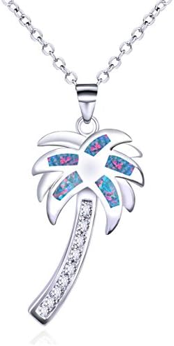 C QUAN CHI 925 Silver Coconut Tree Palm Pendant Necklace Inlay Cz Blue Created Opal Beach Jewelry