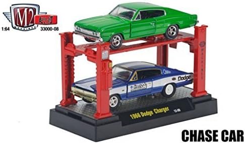 M2 Machines CHASE Auto Lift 2 Pack 1:64 1966 Dodge Charger Green &amp; Blue/White With Gold Trimmings, Grill, Bumpers &amp; Base #12-09 by Castline