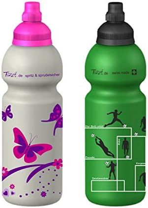 Fizzii Children's Plastic Water Bottles 600ml Butterfly + Fizzii 600ml Football Value Pack, Leak-proof with Fizzy Drinks, Non-Toxic, Dishwasher Safe