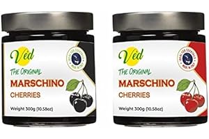 Ved Gourmet Original Red & Black Marasquin Cerises - Cerise Italienne pour Cocktails à l'Ancienne - Cocktail Vegan, Cerises Bourbon au Sirop Naturel pour Garniture Cocktail, 300 g (Lot de 2)