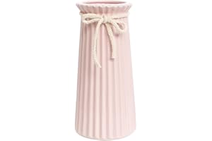 JUZAI Pink Ceramic Ribbed Vases for Minimalist Modern Home Decor, Decorative Flowers Vase for Wedding Dinner Table Office Bedroom - 10 Inch / 25 CM