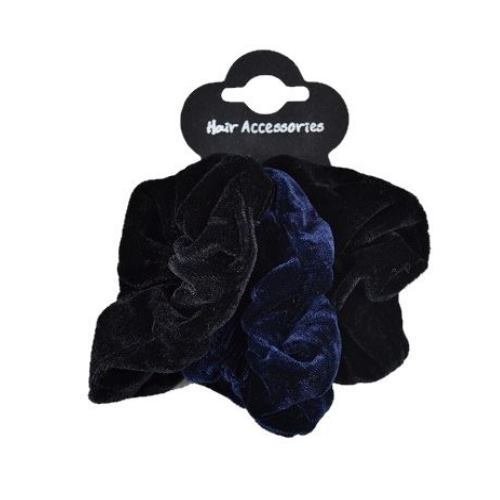 Sufias Accessories 3 Pack Set Soft Velvet Hair Scrunchies Ponio Elastic Band Tie Black Navy Blue cm