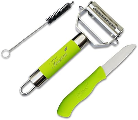 Ultra Sharp Stainless Steel Dual Julienne Vegetable and Fruit Peeler Slicer - Ceramic Paring Knife included - Non-slip Ergonomic Handle and Cleaning Brush - By Tessani Kitchenware.