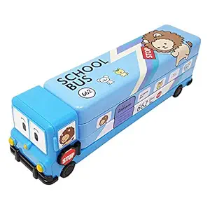 KIKU Multicolour Cartoon Printed School Bus Matal Pencil Box with Moving Tyres and Sharpner for Kids (Blue)