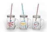 Set Di 3 x Muratore Vetro Rétro Bere Jam Barattoli Coperchi & Cannucce Estate Bevanda Cocktail BBQ