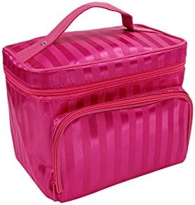 Large Beauty Makeup Nail Cosmetic Vanity Box Jewelry Stripe Case Storage Bag (Rose red)