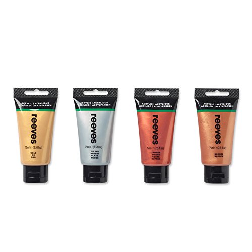 Reeves 8394204 „Acrylic“ Acrylfarbe Set Metallic 4 Farben in 75ml Tube Gold, Silber, Bronze, Kupfer - 4