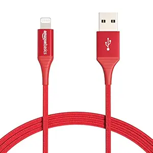 AmazonBasics Double Braided Nylon Lightning to USB Cable - Advanced Collection, MFi Certified Apple iPhone Charger, Red, 6-Foot (Durability Rated 10,000 Bends)