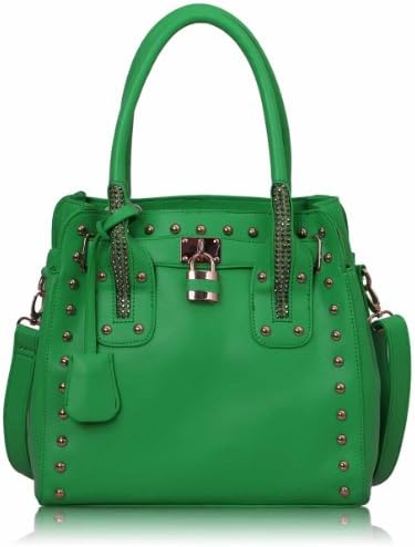 Womens Green Studded Tote Padlock Handbag -