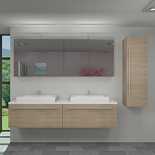 Badmöbel Set City 200 V3 Eiche hell, Badezimmermöbel, Waschtisch 200cm, Beleuchtung Spiegelschrank:2 x 5W LED + 1x Energiebox +65.-EUR