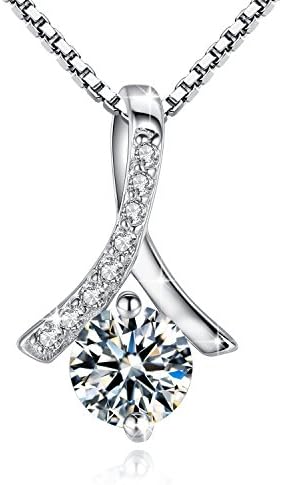 Silver Women Necklace Girls Round Pendant Ribbon Shaped Brilliant 925 Sterling silver Cubic Zirconia for Valentine’s Gifts Birthday with Jessibox Gift Package