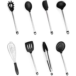 Silicone Ustensiles de Cuisine, Bi-Komfort Outils de Cuisine Set de 8 Pièces, en Silicone de Qualité Alimentaire et Acier Inoxydable, Sans BPA, Antiadhésif et Anti-rayures