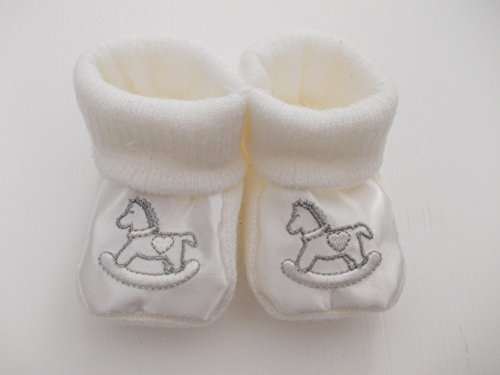 Unisex knitted little rocking horse baby bootees white newborn to 3 months