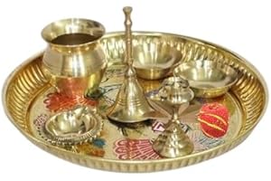 BRACOP® Brass Pooja Thali Hindu Aarti Thali Pooja Samagri Home Decorative Embossed Serving Plate Puja Plate Religious Items Temple Accessories Round Platters Gifts Set Of 5 Pcs Hindu Gift
