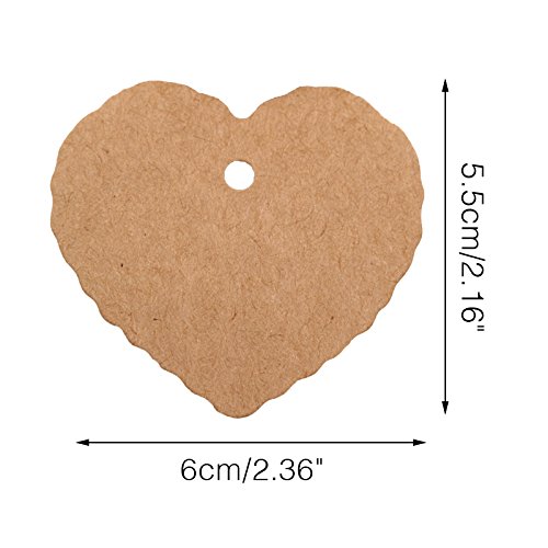 100 Stück 6 CM * 5.5 CM Shabby Chic Kraftpapier Etiketten Tags“Form des Herzens”Papieranhänger Hängeetiketten Anhängeetiketten mit Jute-Schnur 30 Meter (Braun) - 3