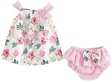 2Pcs Infant Baby Girls Floral Print Tops Vest+Striped Shorts Outfits Clothes Set