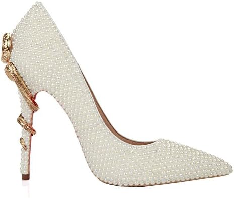 Women Bride Bridesmaids Crystal Shoes Thin High Heels Pearl Diamond Handmade Leather Nightclub Evening Wedding Party Pumps Metal Snake Sandals . White . 38