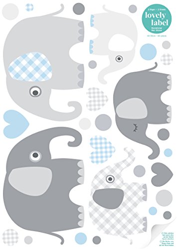 lovely label Wandsticker selbstklebend ELEFANTEN BLAU/GRAU - Wandaufkleber Kinderzimmer / Babyzimmer mit Elefanten in versch. Farben - Wandtattoo Schlafzimmer Mädchen & Junge, Wanddeko Baby / Kinder