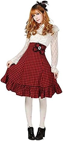 MSLONG Sweety Girls Cosplay Lace Skirt Red and Black Plaid High-waist Lolita Bowknot Bubble Skirt (XL)