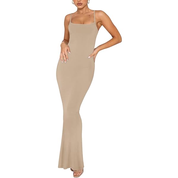 GORGLITTER Dames Lange Jurk Gebreid - Maxi Jurk Met Lange Mouwen & U-hals - Elegante Bodycon Jurk - Diverse Maten