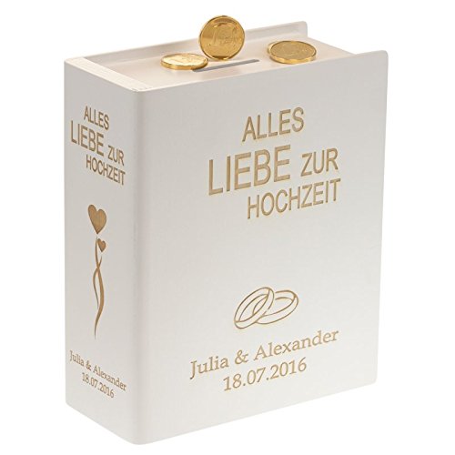 Geschenke 24: Schönes Sparbuch zur Hochzeit mit personalisierter Gravur (Weiß - Herzen & Ringe) - originelles Geldgeschenk & Hochzeitsgeschenk für das Brautpaar