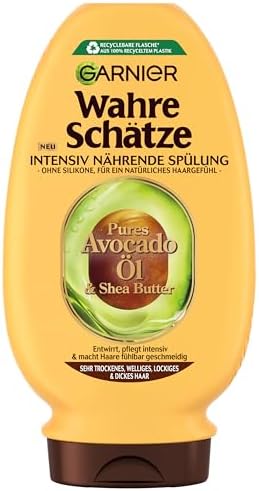 Garnier I veri tesori intensivi risciacquo nutriente olio di avocado e burro di karitè per capelli molto secchi, ondulati, ricci e spessi, per una maggiore morbidezza senza appesantire, 1 x 200 ml