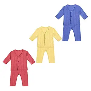 Superminis Baby Thermal Top and Pyjama Set - Front Open, Full Sleeves, Winter Wear Suit for Infants, Girls, Boys (9-12 Months) Pack of 3