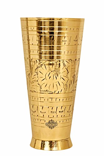 INDIAN ART VILLA Brass Lassi Glass, Embossed Design, 600 ml, Drinkware and Serveware for Lassi, Milk, Water and More, Traditional and Elegant, Height - 6.5 inches
