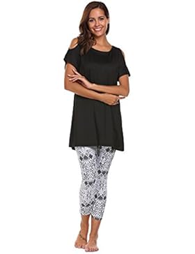 EKOUAER Damen Hausanzug Rundhals Capri Pyjama Sportanzug Kurzarm Kaltschulter Nachthemd mit 3/4 Floral Fitness...