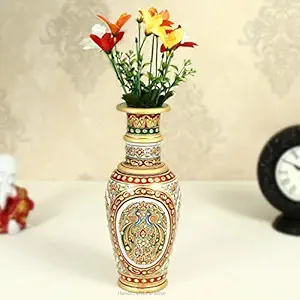 Flower Vase Carved in Marble with Hand Painted Peacock by Handicrafts Paradise