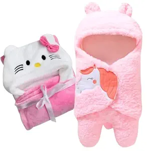 BRANDONN Baby Blankets New Born Combo Pack of Hooded Wrapper Sleeping Bag and Baby Bath Towel for 0-6 Months Baby Boys and Baby Girls Pack of 2
