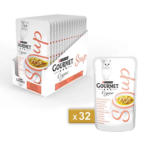 Gourmet Purina Crystal Soup - Nourriture pour Chat - Bouillon délicat avec Saumon Naturel et accompagnement de légumes - 32 sachets de 40 g chacun