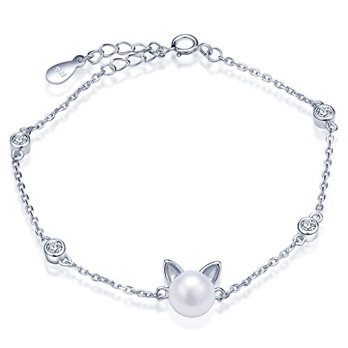 Unendlich UInfinite U Lovely Cat Kitten Kitty Womens Bracelet 925 Sterling Silver Pearl Charm Adjustable Link Chain Bangle, Silver