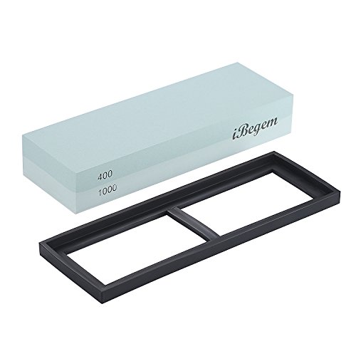 iBegem Schleifstein für Messer, Doppelseitiger Messerschärfer, Wetzstein Wasserstein Abziehstein mit Rutschfestem Halter, mit Körnung Grob 400 / Fein 1000, 180 * 60 * 30 mm (400/1000 Körnung) - 5