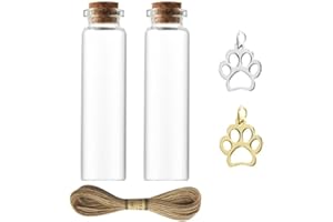 FADBUDSS 2 Pack Pet Hair Memorial Bottle with Pawprint Charm, Small Glass Vial with Cork, Pet Fur Hair Keepsake Bottles for Cat Dog Hair Ashes Loss Gift for Preserve Small Mammals Precious Memories (20ml)