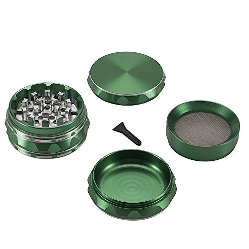 Witasm Pollen Grinder Crusher Kräuter Mühle für Tabak Kräuter Gewürze Herb Spice Kaffee. Ø63mm 4-teiliges Set mit Schaber, Grün, Zink-Legierung - 4