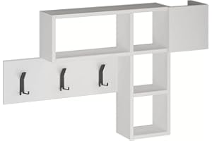 BAKAJI Wieszak ścienny wieszak na ubrania z 9 haczykami wiszące sukienki i półka regał 3 półki drewniane MDF dwukolorowe nowoczesne wzornictwo rozmiar 99,5 x 61 x 15 cm (biały)