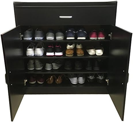 Redstone Black White or Beech Shoe Storage Cabinet Rack Cupboard - 4 Shelves + 1 Drawer - Wooden Sideboard (Black)