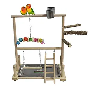 kathson Bird Playground Parrot Perch Stand Toys, Birds Wood Play Gym Activity Center Exercise Playpen Ladder Swing with Feeder Cups Chewing Toy(Include a Tray)