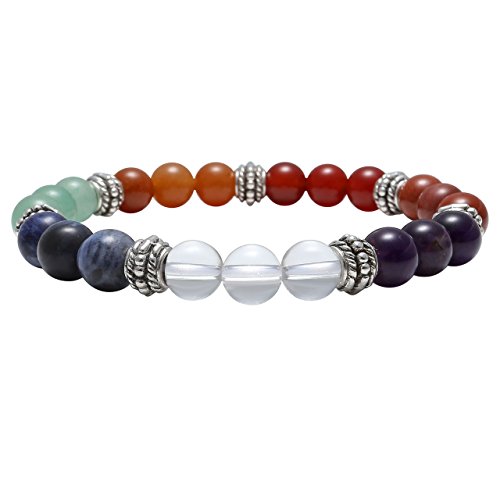 QGEM Bracelet en 7 Pierres Chakras Perle d'Énergie Guérison Reiki Élastique Femme Homme